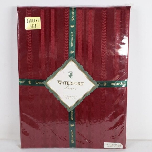 Waterford Linens Barons Stripe 68“ X 126” Oblong Tablecloth Ruby Red 10-12 NEW